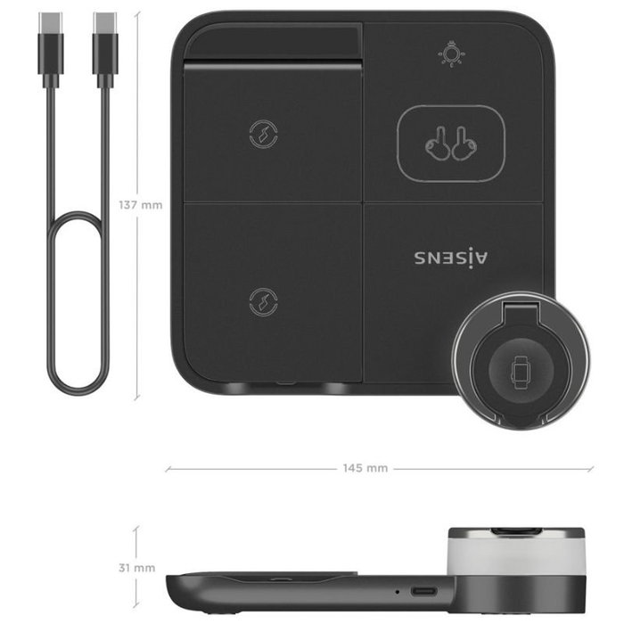 AISENS Cargador Inalámbrico 4 en 1 de 15W para Móvil, Apple Watch y Auriculares, Negro